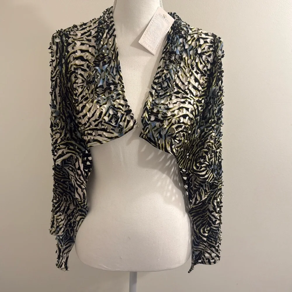 ALBERTO MAKALI Animal Print Eyelet Open Front Draped Cardigan Women Size Small - Picture 2 of 12